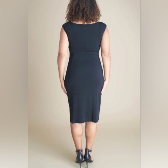 Connected Apparel Lisa Metal Detail Bar Black Faux Wrap Rouch Dress Size 10 - Picture 3 of 11